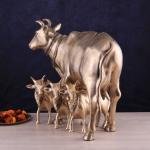 Pure Brass Large Gomatha (Cow) Statue Protecting Her Calves - Symbol of Nurturing Divinity & Motherhood